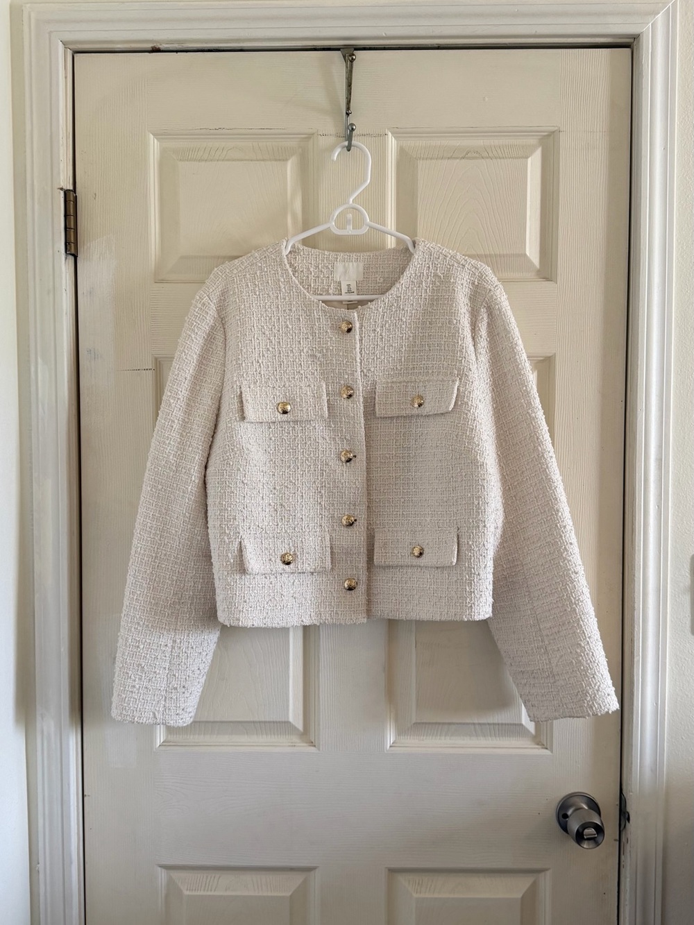 H&M Cream Bouclé Collarless Jacket with Gold Buttons
